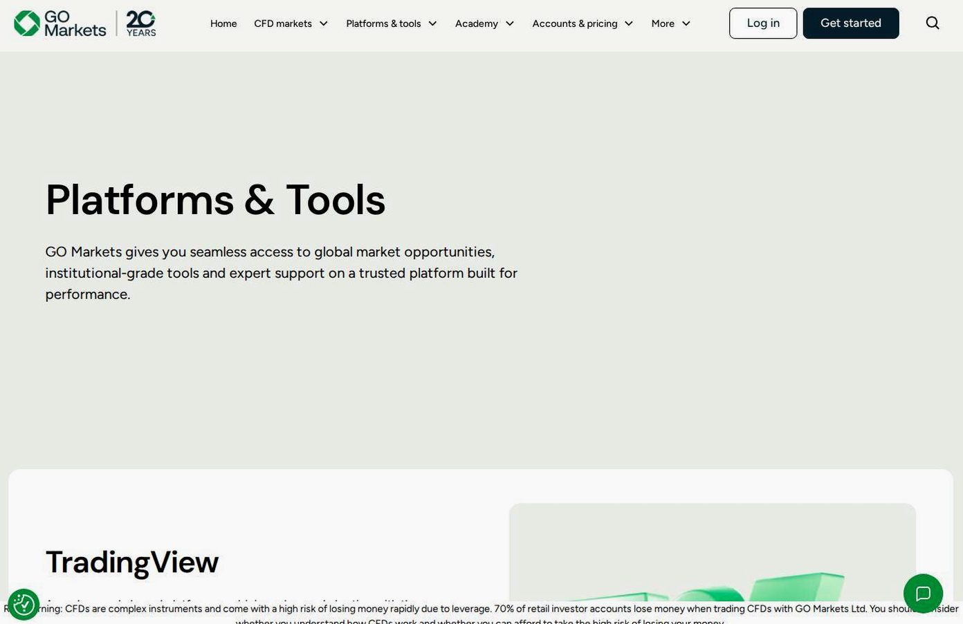 The platform page on the GO Markets website