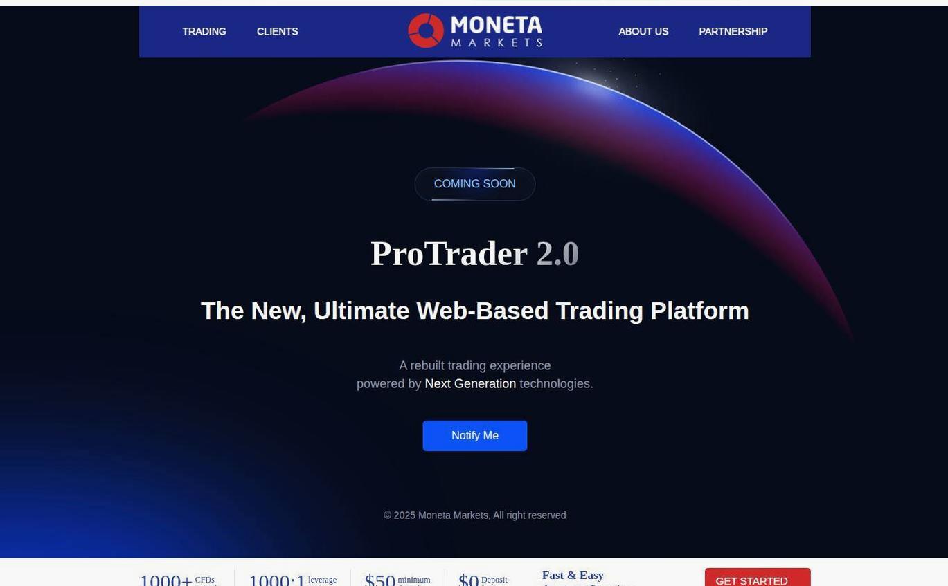 The platform page on the Moneta Markets website